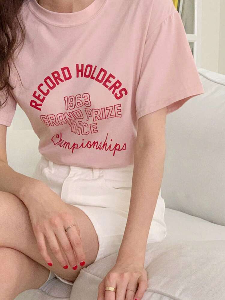 Women's Casual Loose Fit Drop Shoulder T-Shirt With Letter & Number Print For Summer,Graphic Tees Easter