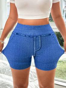 Flirla Pantalones cortos tipo legging de talla grande con efecto estampado de denim para mujer
