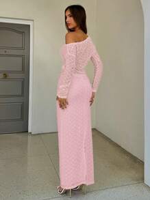 Aloruh 女士优雅浪漫复古纹理蕾丝不对称肩长袖上衣和超长及地直筒裙套装，秋冬 - 粉色 - 查看 2