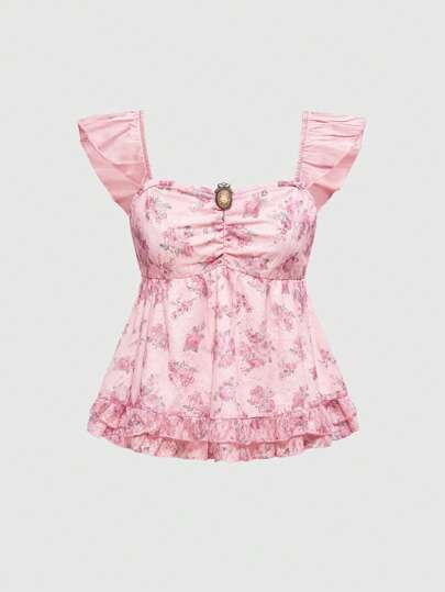 Hippie Damen Vintage Cottage Core Ditsy Floral Patchwork Flügelärmel Satinbluse mit Anhänger