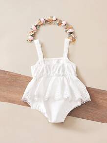 SHEIN Leap Crew Newborn Baby Girl Cute White Ruffled Strap Bodysuit, Summer - White - View 6