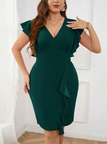 SHEIN Privé 大码女式优雅红色连衣裙，带短袖、V 领和开衩下摆，适合浪漫约会、晚餐、日常穿着、春夏派对 - 墨綠色 - 查看 4