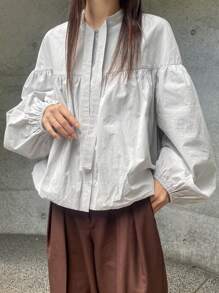 FRIFUL Áo cánh dài tay đơn sắc cài nút phía trước cho nữ - Xám - Xem 5