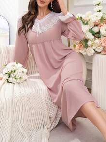 Women's Vintage Palace Style Lace Patchwork Ruffle Hem Sleepwear Dress - Multicolor - View 6