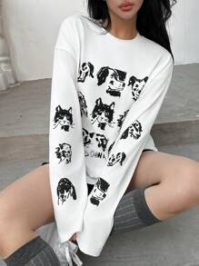 SHEIN EZwear Women's Crew Neck Long Sleeve Animal Print Casual T-Shirt - White - View 6