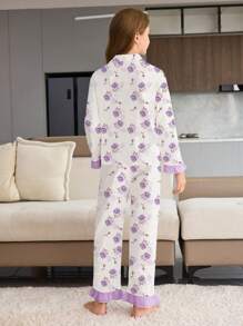 SHEIN Tween Girl Tulip Print 2 Pieces Lounge Set With Long Sleeve Top And Pants, Minimalist Design, Purple