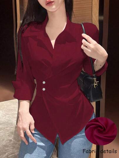 EMERY ROSE 1 件女式休闲纯色收腰裹身衬衫，秋季，长袖上衣