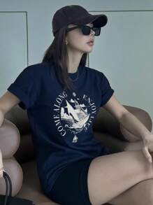 DAZY Women's Sailor Boat Letter Printed T-Shirt Summer Preppy Tops