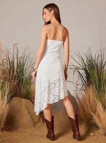 WESTFADE Vestido midi sin tirantes de verano con estampado floral de mezcla de medios mixtos, textura de punto y encaje, dobladillo asimétrico escalonado, para vacaciones de primavera en la playa - Beis - Ver 5