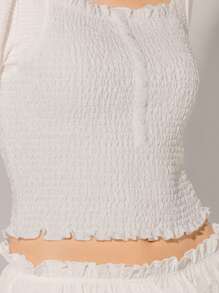 Aralina Boho Festival White Lace Textured Square Neck Shirred Long Sleeve Top - White - View 3