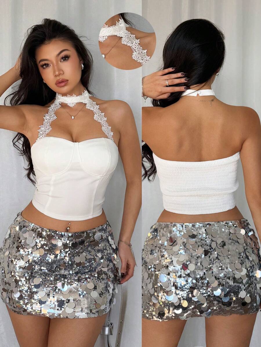 SHEIN Unity 女士时尚日常百搭蕾丝边吊带背心 - 白色 - 查看 1