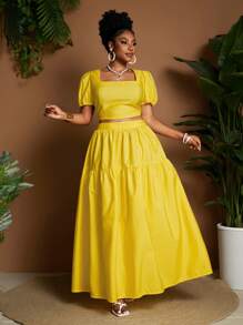 Maweii 2pcs/Set Plus Size Women Square Neck Cropped Top And High Waist Mini Skirt - Yellow - View 4
