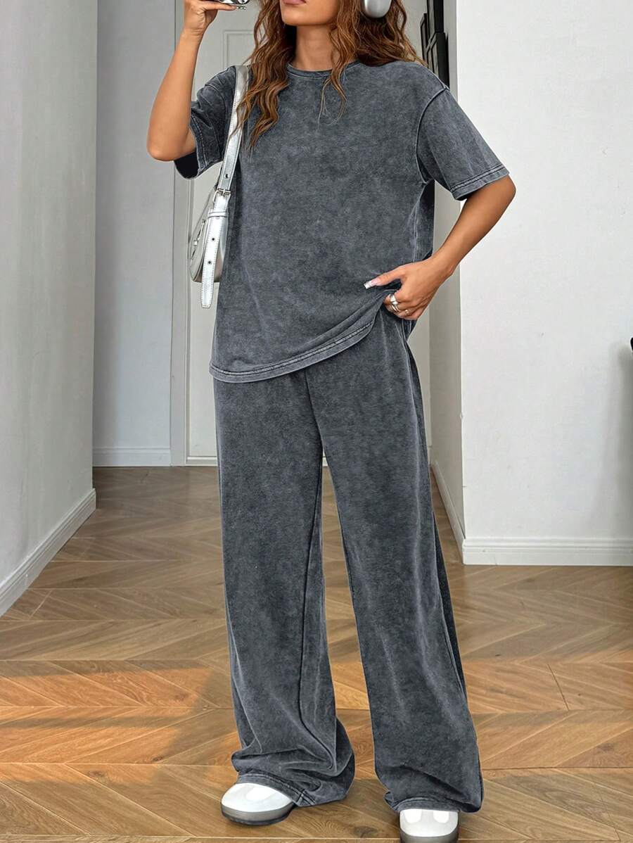 SHEIN EZwear Plus Size 2pcs Set: Distressed Acetate Gray Melange Loose T-Shirt + Wide Leg Pants, Cotton Suit, Comfortable Spring/Summer Outfit Casual Sets For Women