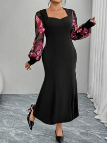 Modelyn Plus Size Woven Fabric Patchwork Waist Design Long Sleeve Dress - Black - View 6