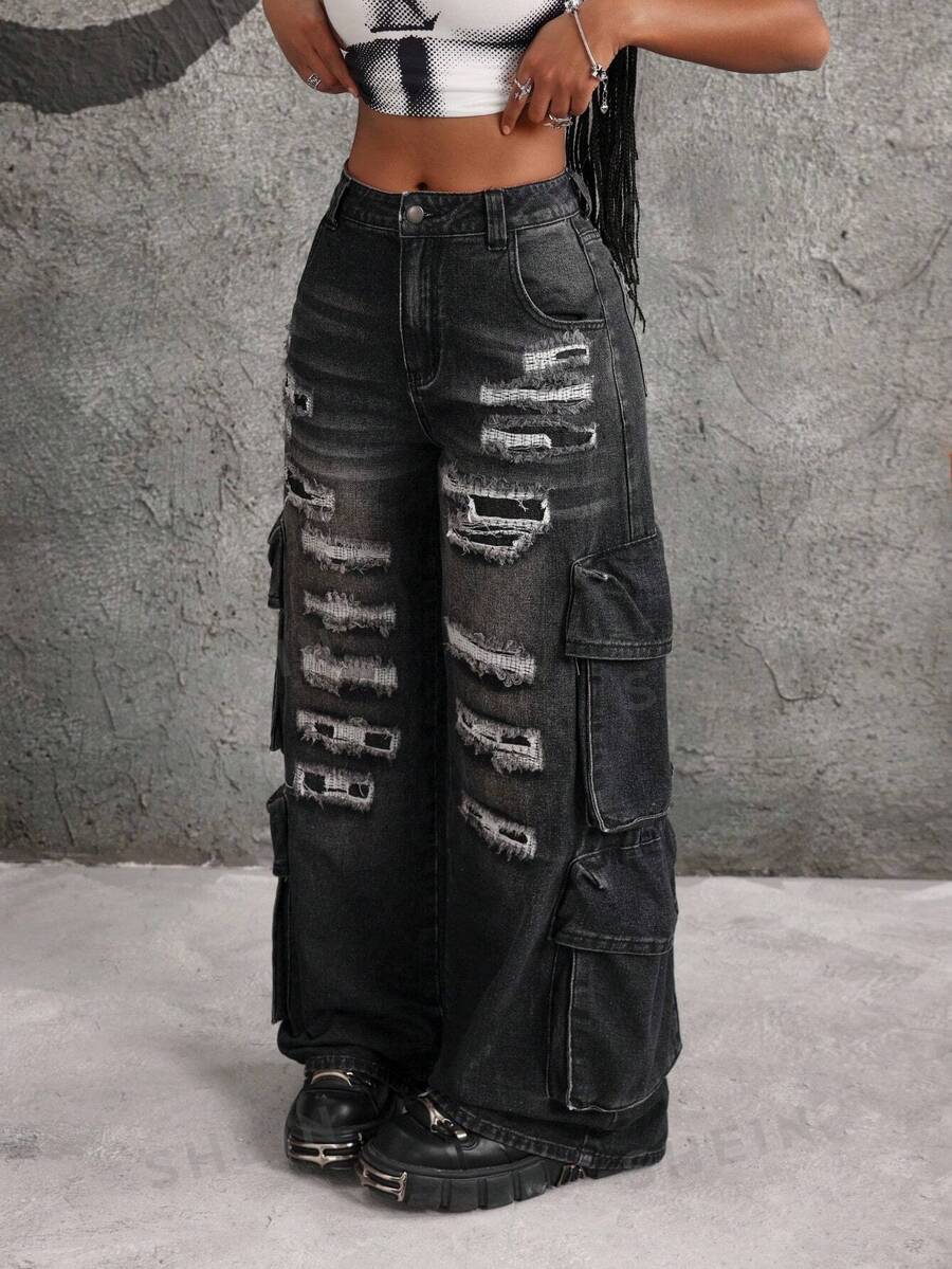 SHEIN ICON Jeans casuales anchos con pierna suelta, bolsillos cargo y rasgados para mujer