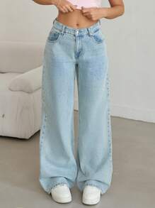 EURMUSE HIGH WAIST WODE LEG CASUAL DENIM STYLE - Medium Wash - View 2