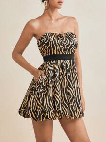 ODELIAR Designer Strapless Allover Print Puffball Mini Dress, Concert Outfit, Prom Dress, For Rave - Yellow - View 4