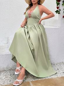 SHEIN LUNE Plus Size Cinched Waist Green V-Neck Vacation Dress - Green - View 5