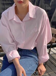 DAZY Letter Patched Drop Shoulder Shirt Long Sleeve Top - Baby Pink - View 9