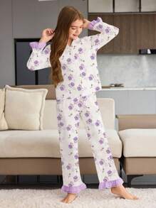 SHEIN Tween Girl Tulip Print 2 Pieces Lounge Set With Long Sleeve Top And Pants, Minimalist Design, Purple