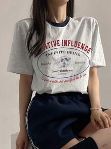 DAZY 女士拼色标语印花圆领短袖 T 恤图案 T 恤