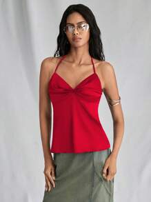 SHEIN Unity 1pc Women's Solid Color Simple Daily Spaghetti Strap Cami Top For New Year Holiday Party Clothes - Red - View 4