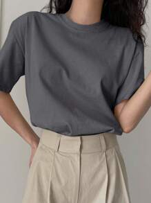DAZY 纯色落肩T恤夏季商务休闲女式学院风上衣 - 灰色 - 查看 4