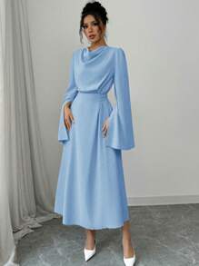 Elenzga 女士优雅纯色喇叭袖开衩连衣裙