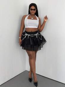 Maweii Falda corta de mujer talla grande de unicolor con parches de malla y volantes en el bajo