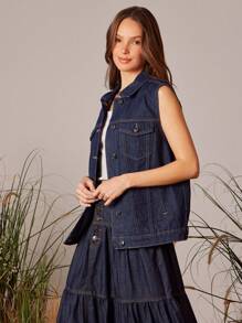 WESTFADE Collared Button Front Boxy Fit Trucker Denim Vest Top