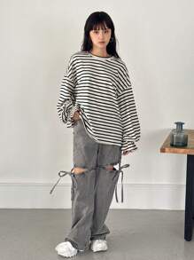 FRIFUL 女士宽松条纹喇叭袖T恤长袖女式上衣 - 黑與白 - 查看 2