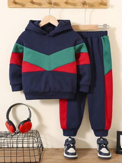 SHEIN 2 件套年轻男孩休闲校园舒适时尚简约实用可爱柔软厚实保暖连帽运动衫和裤子套装，适合儿童返校装，年轻男孩校服，适合日常、学校、户外、运动、秋冬季