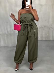 Slaydiva 2025 New Versatile Simple Casual Street Strapless Sleeveless With Belt Waisted Decorated Multiple Cargo Pockets Overall Shorts, Plus Size