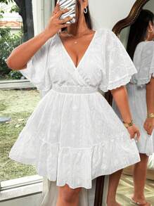 Flirla Fashion Woven Embroidered V-Neck Ruffle Sleeve Cinched Waist Dress - White - View 4
