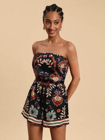 Travachic Women's Vacation Botanical Print Tube Top & Shorts Jumpsuit, Casual