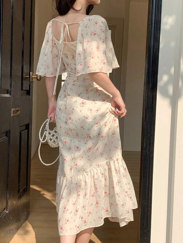 Elegant Floral Chiffon Flounced Square Neck Midi Mermaid Dress For Women, Summer Sundress Vacation Outfits Women Easter Boho