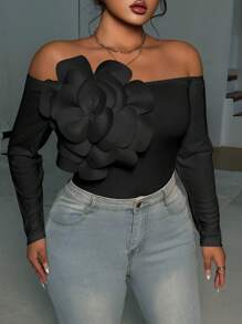 Elenzga Plus Size Off Shoulder Floral Decor Tight Fit T-Shirt - Black - View 1