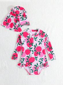 SHEIN Baby Girls Ruffled One-Piece Swimsuit With Random Print, Including Hat (Swimwear)