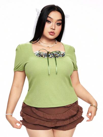 Kawaii Maglietta 2 in 1 con fiori e pizzo da donna taglie forti