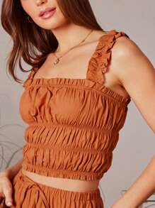 WESTFADE 100% Cotton Square Neck Smocked & Ruffled Cropped Tank Top Spring Summer Beach Vacation - Brown - View 5