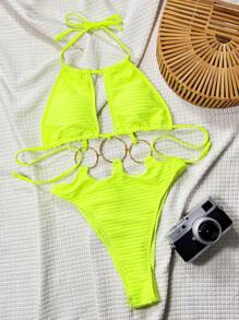 Swim SXY 1 件女式连体泳衣，纹理面料，纯色，海滩度假吊带领，带钢圈 - 青檸色 - 查看 4