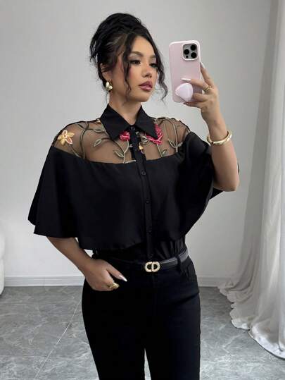 Elenzga Women's 2025 New Rose 3D Mesh Patchwork Casual Shirt With Cap Sleeve