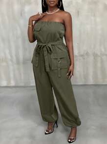 Slaydiva 2025 New Versatile Simple Casual Street Strapless Sleeveless With Belt Waisted Decorated Multiple Cargo Pockets Overall Shorts, Plus Size
