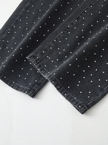 少女休闲时尚简约百搭水钻装饰洗水直筒阔腿牛仔裤 - 黑色 - 查看 3