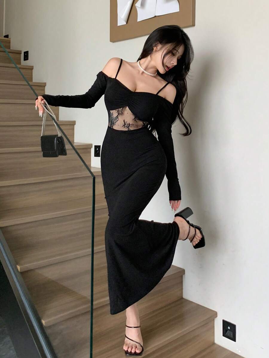 DAZY Women's Lace Patchwork Hollow Out Off Shoulder Long Sleeve Dress For Party/Graduation,Back To School Clothes,Fall Dress - Black - View 1