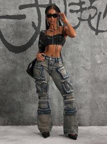 SHEIN ICON 女士多口袋喇叭百搭休闲牛仔裤