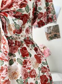 Flirla Romantic Tie-Knot Waist Short Sleeve Midi Dress - Pink - View 4