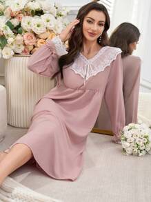 Women's Vintage Palace Style Lace Patchwork Ruffle Hem Sleepwear Dress - Multicolor - View 5