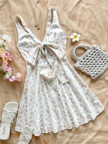 Soleia 女士浪漫粉色雪纺花卉印花细肩带露背蝴蝶结腰部 A 字迷你连衣裙，适合派对、约会、海滩、夏季波西米亚风格 - 彩色 - 查看 2