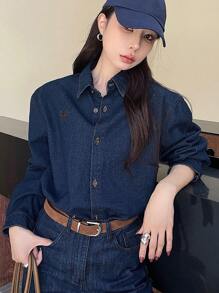 DAZY Women's Long Sleeve Casual Denim Top With Embroidered Bow Detail, Suitable For Autumn,Back To School Clothes,Jeans Jacket,Fall Women Clothes